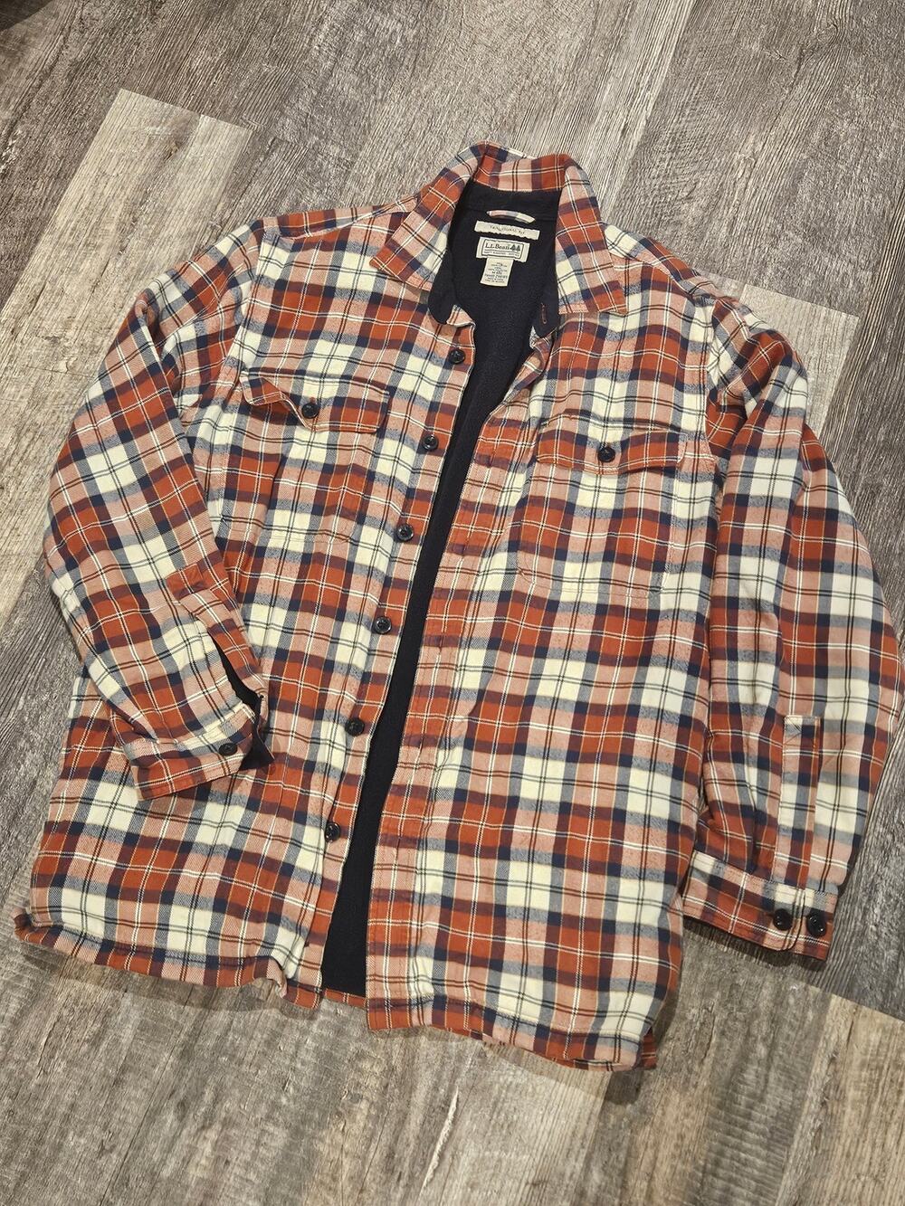 LL Bean Mens Medium Fleece Lined red navy Flannel Shirt Shacket cabin gorpcore